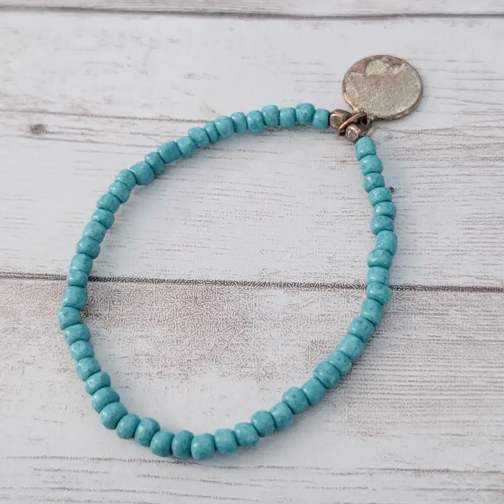 Light Blue Stretch Bracelet - Tarnished Charm - Picture 2 of 3